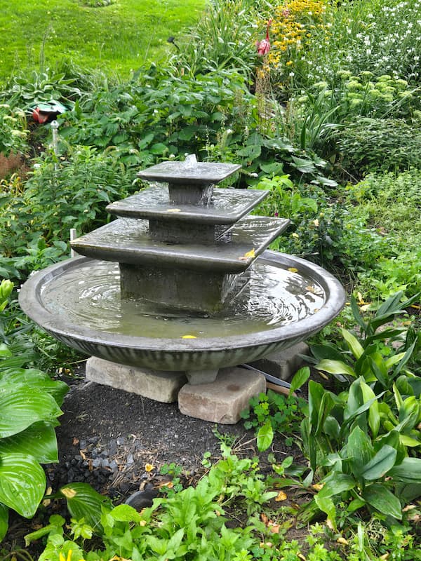 A fountain surrounded by lush plantings in the Ambleside 2 gardens.